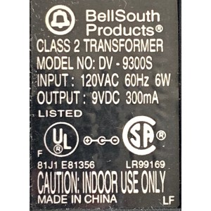 CARGADOR / ADAPTADOR DE FUENTE DE PODER BELLSOUTH PRODUCTS VCA-VCD / NUMERO DE PARTE DV-9300S / ENTRADA VCA 120V 60HZ 6W / SALIDA VCD 9V 300MA  / MODELO DV-9300S